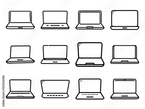 Bundle of Laptop Silhouette Icons in Minimal Line Style on White Background – Portable Computer, Technology, and Device Vector Set for Digital Design

