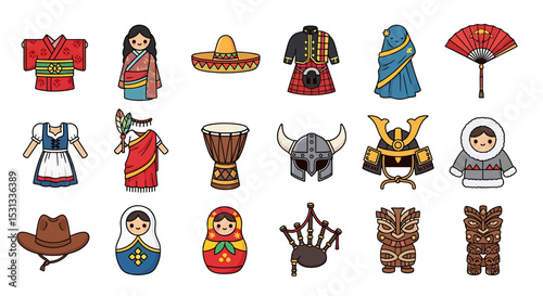 Vector icons Set of  Colorful Cartoon Collection of Global Cultural Clothing and Artifacts. Vector Illustrations