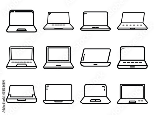 Bundle of Laptop Silhouette Icons in Minimal Line Style on White Background – Portable Computer, Technology, and Device Vector Set for Digital Design

