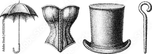 Vintage fashion elements: parasol, corset, top hat, and walking cane design