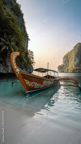 Ornate wooden outrigger boat, 'Lumba Lumba', rests in calm turquoise water near lush green cliffs at sunset. The scene evokes tranquility and tropical paradise.