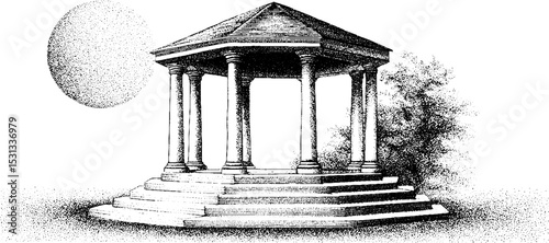 Architectural pavilion with sundial sculpture and adjacent grass landscape design