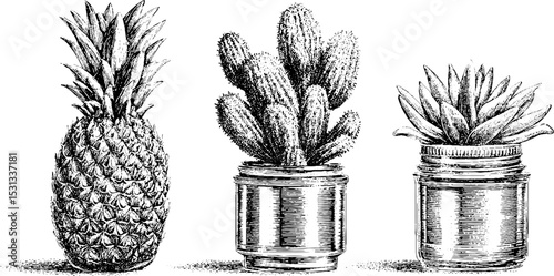 Botanical arrangement of pineapple, cactus, and succulent in planters for home decor