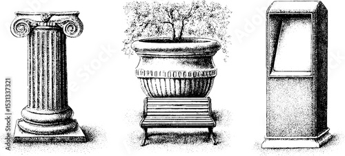 Classical architectural elements and garden seating: column, planter, and water basin design