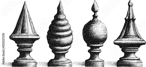 Ornamental architectural elements featuring pointed spire and crocketed pinnacle designs