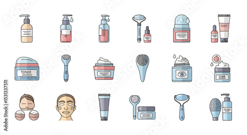 Vector icons Set of  Colorful Collection of Skincare Products and Tools. Vector Illustrations
