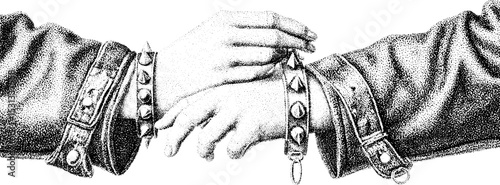 Punk fashion elements with leather jacket and safety pin belt design