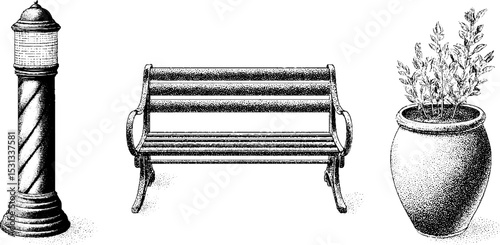 Urban outdoor furniture set with public bench planter box and led bollard lamp design