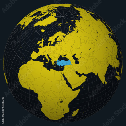 Turkey on Globe. Country view on the world map in Charcoal Bright Yellow color palette. Turkey shape on map. Globe with meridians, parallels, countries, rivers and lakes.