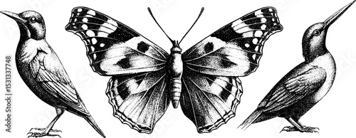 Set of red admiral butterfly and hummingbirds for nature design