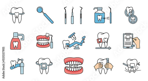 Vector icons Set of  Colorful Dental Procedures and Tools Illustrated. Vector Illustrations