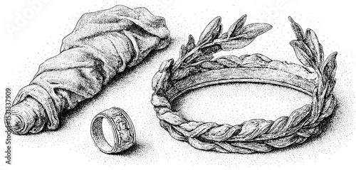 Ancient roman attire and accessories with toga, gold signet ring, and laurel wreath