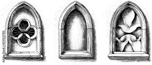 Gothic architectural window designs: rose, lancet, and quatrefoil patterns for artistic inspiration