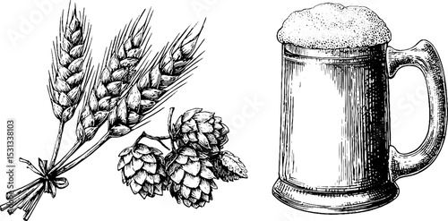 Rustic brewing elements: sheaf of barley, hop cones, and frothy beer mug design