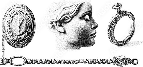 Elegant silhouette collection of brooch, cameo ring, and chain jewelry design
