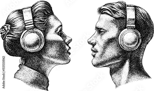 Dual portrait of a singer and dj with headphones for music-themed design