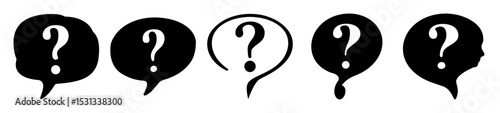 Five distinct stylized question mark speech bubbles convey uncertainty and curiosity
