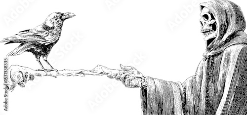 Mysterious hooded figure with skull staff and crow in enchanting scene
