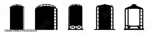 Collection of Five Grain Silo Silhouettes in a Row on White Background