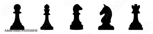 Silhouetted chess pieces in a row on a white background for design