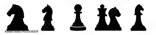 Collection of stylized black chess pieces including knights, pawn, and queen