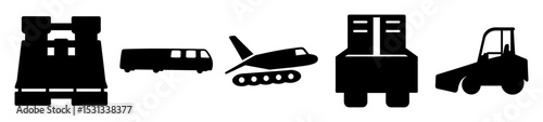 Collection of Black and White Silhouettes of Various Vehicles and a Building