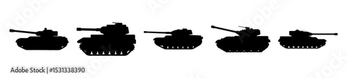 Silhouette of Five Military Tanks Arranged in a Horizontal Line on White Background