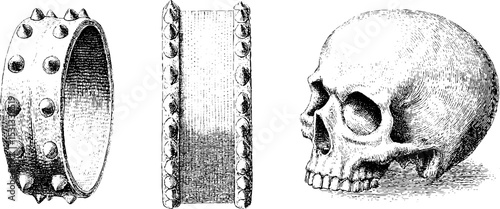 Gothic style accessories with spiked wristbands and skull emblem for alternative fashion design