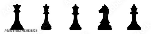 Silhouettes of Chess Pieces Including Queens, Knights, and Bishops Arranged in Order