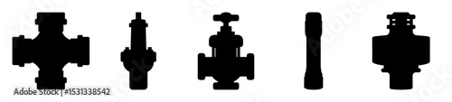 Silhouette rendering of industrial valves and fittings in various orientations and shapes