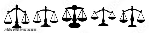 A collection of iconic scales of justice symbols in black silhouette