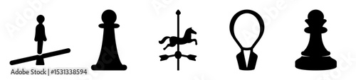 Collection of stylized black and white icons depicting various objects and activities