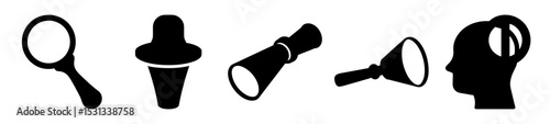 Black and white icons representing investigation, creativity, discovery and personal growth