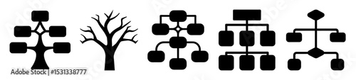 Illustration of various chart types, including tree structures and flowcharts in black