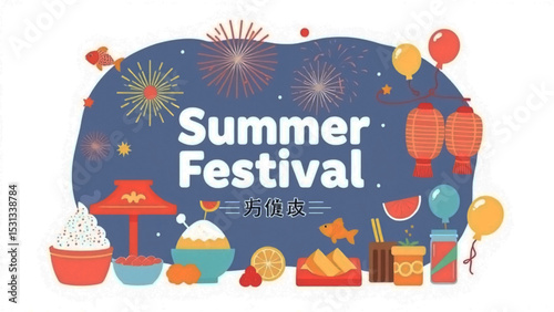 夏祭りのイラスト素材セット　夏　夏休み　お祭り　縁日　屋台　花火大会　ポップ　風物詩　日本　提灯　和