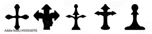 Five abstract black design elements crosses and finials against white background