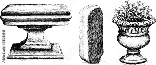 Classical stone seats and bronze plant sculpture for elegant outdoor design