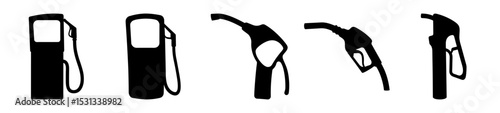 Silhouette collection of different gasoline fuel pumps and nozzles for vehicles