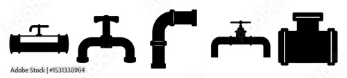 Black and white graphical illustration of various water pipe elements and valve configurations