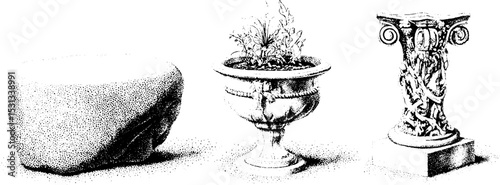 Elegant stone seating and ornate bronze sculpture with plant arrangement for garden design