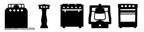 Black and white silhouette icons depicting various types of kitchen appliances