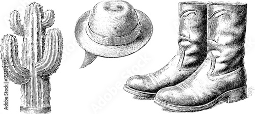 Western theme with stylized cactus, cowboy hat, and boots design for graphic use