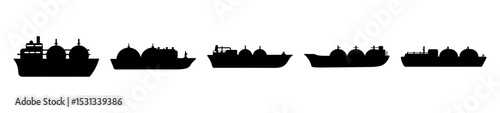 Silhouettes of different LNG tanker ship designs against a white background