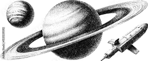 Retro space art with stylized planets and comic style satellite design