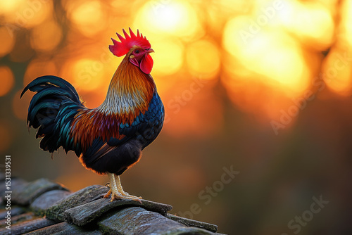 Rooster majestically perched on a roof at sunset, silhouetted against the vibrant sky.