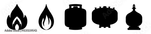 Silhouette illustrations of flame icons and different types of fuel containers