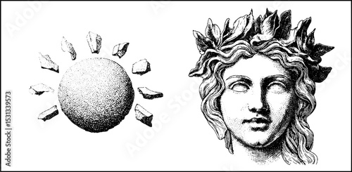 Surreal visions: geometric sun and flowing hair in classic face design