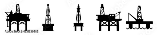 Black and White Silhouettes of Various Oil Drilling Rigs and Platforms