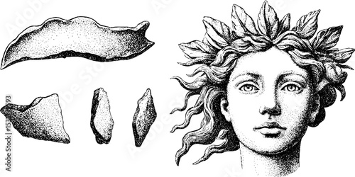 Surreal face with flowing hair and geometric elements for creative design