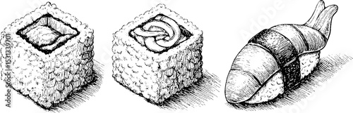 Detailed sketch of sushi roll, nigiri, and wasabi for culinary designs